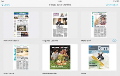 Painel de cadernos do O Globo no aplicativo do ipad